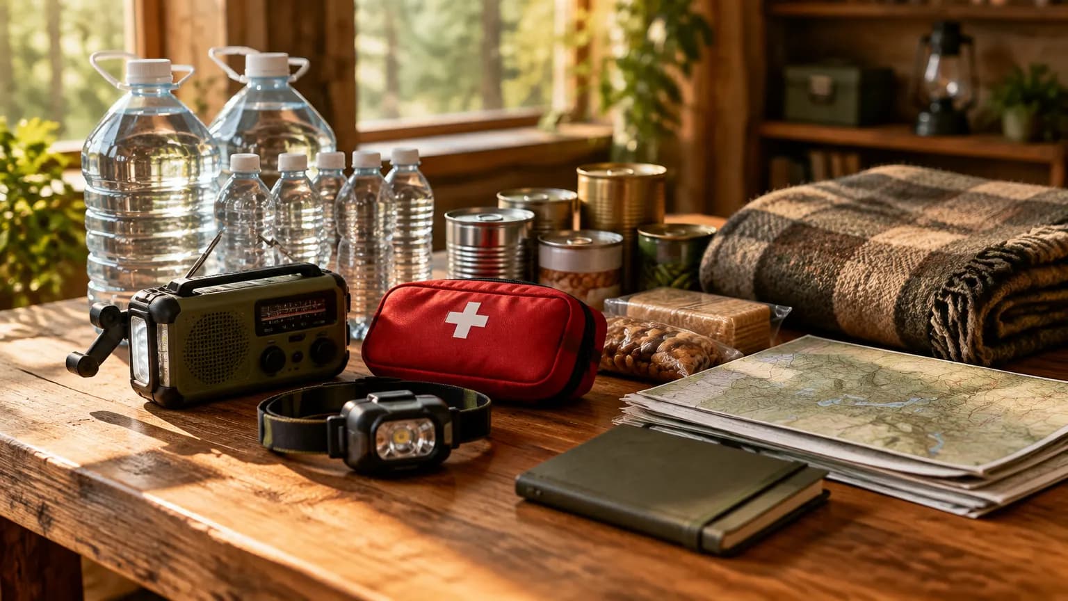 A home emergency kit laid out on a wooden table: water, hand-crank radio, headlamp, first aid pouch, canned food, maps and a wool blanket